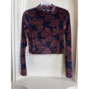 Forever 21 Navy Blue with Orange Roses, Synth-Velvet Long Sleeve Crop Size Large
